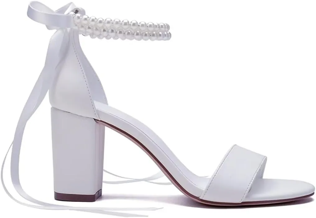 Pearl Wedding Shoes Open Toe Block Heel Wedding Sandals Chunky Heel Bridal Shoes