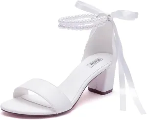 Pearl Wedding Shoes Open Toe Block Heel Wedding Sandals Chunky Heel Bridal Shoes