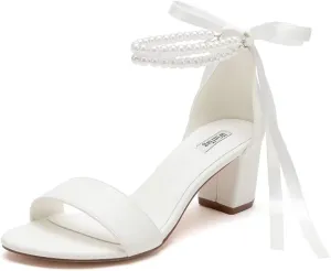 Pearl Wedding Shoes Open Toe Block Heel Wedding Sandals Chunky Heel Bridal Shoes