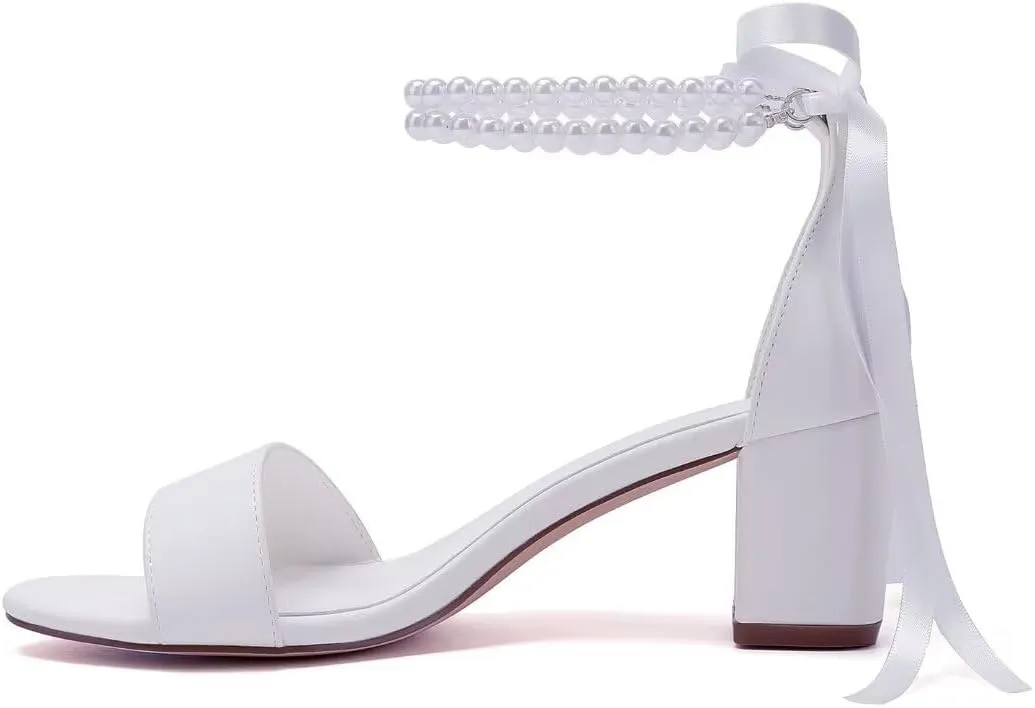 Pearl Wedding Shoes Open Toe Block Heel Wedding Sandals Chunky Heel Bridal Shoes