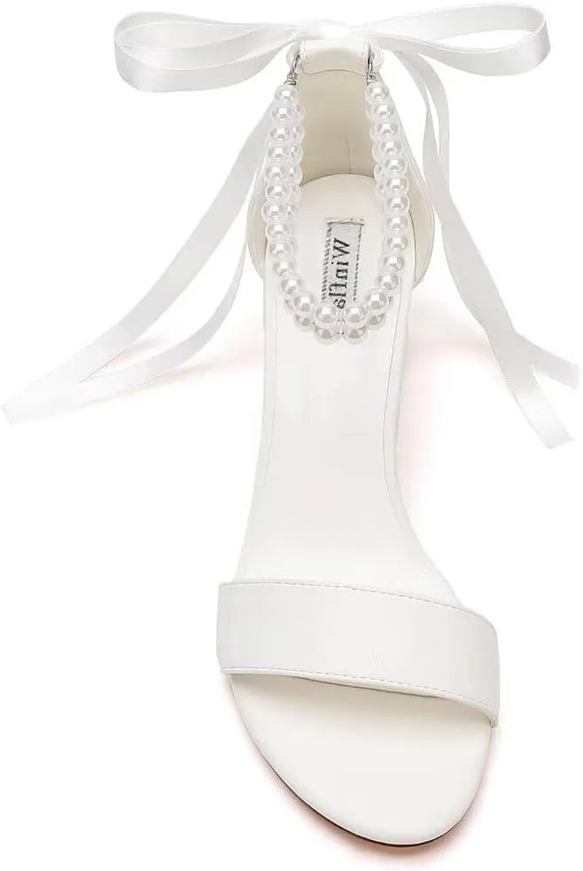 Pearl Wedding Shoes Open Toe Block Heel Wedding Sandals Chunky Heel Bridal Shoes