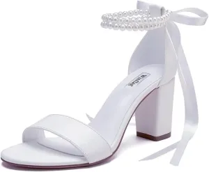 Pearl Wedding Shoes Open Toe Block Heel Wedding Sandals Chunky Heel Bridal Shoes