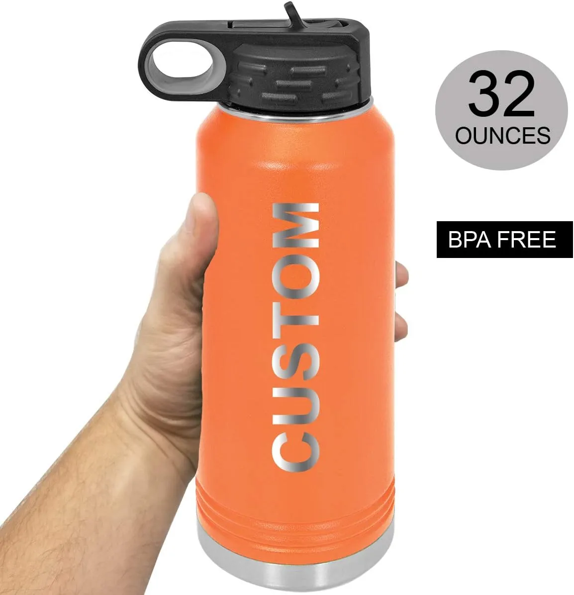 Personalized Add Your Name 32-Ounce Double Wall Insulated Stainless Steel Custom Sports Water Bottle with Flip Top Lid, Straw - Customizable