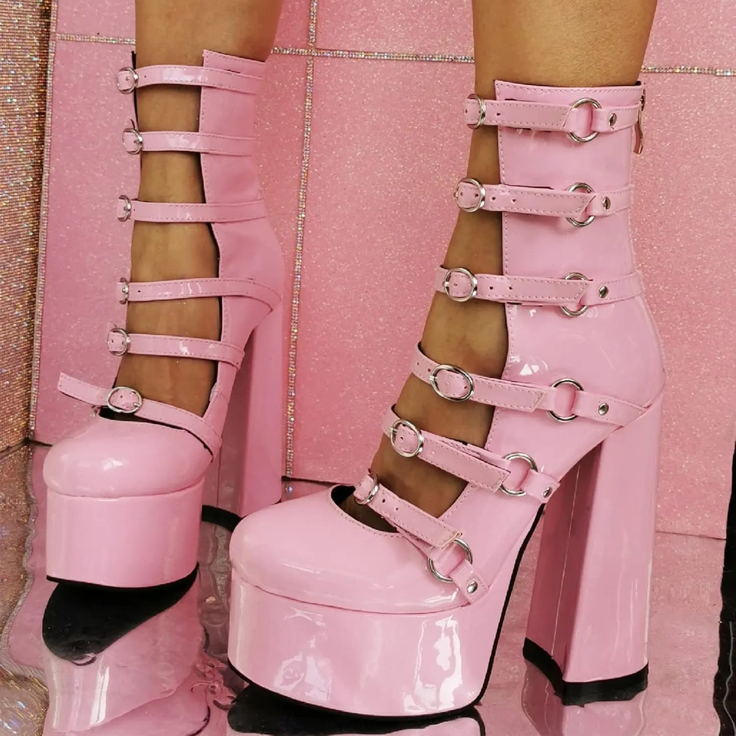 Platform Chunky Heels for Women Sexy Strappy Lace Up Platform Pumps