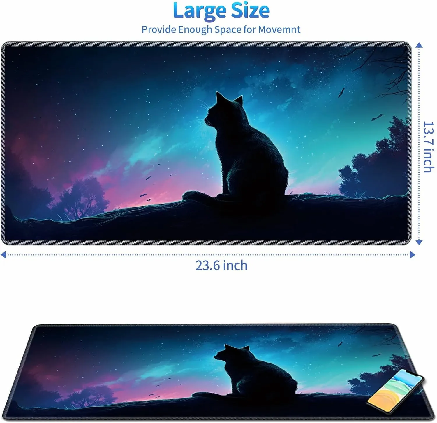 Playmat for MTG, 24 x 14 inches Game Play Mat for MTG TCG and Other Card Games, Trading Card Game Play Mat Desk Mats with Stitched Edges Non-Slip Base, Fantasy Cat