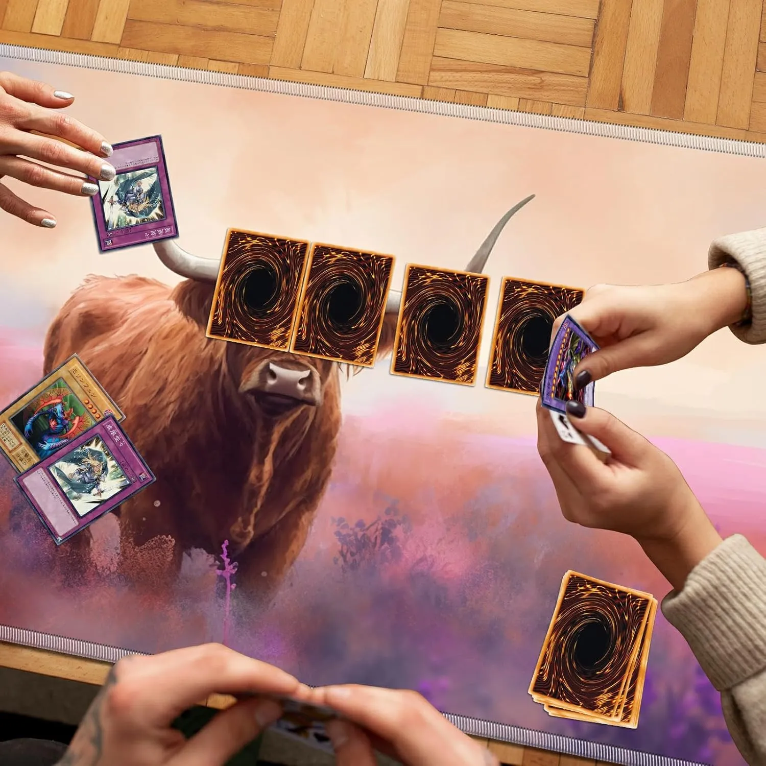 Playmat for MTG, 24 x 14 inches Game Play Mat for MTG TCG and Other Card Games, Trading Card Game Play Mat Desk Mats with Stitched Edges Non-Slip Base, Watercolor Painting Cow