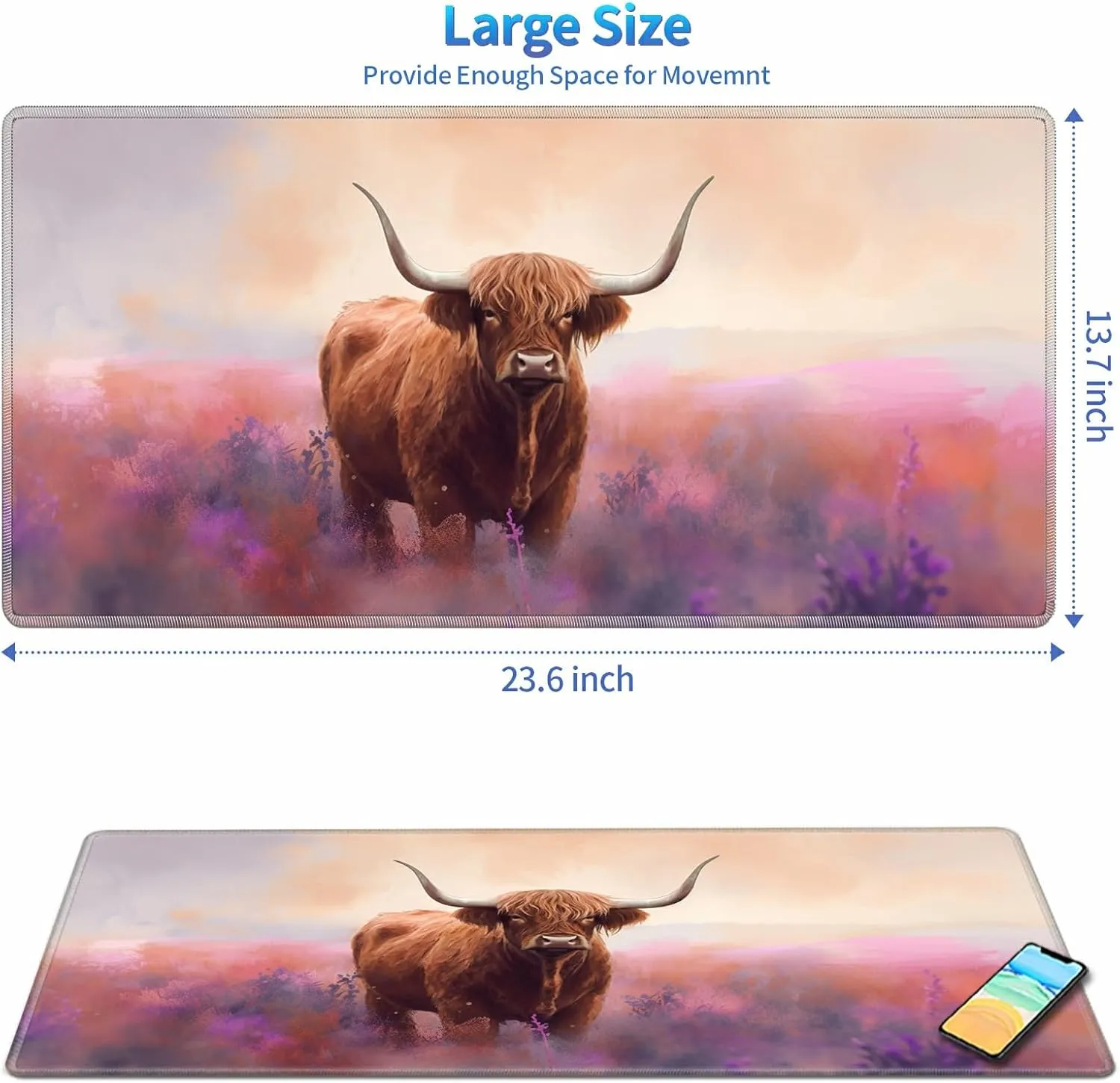 Playmat for MTG, 24 x 14 inches Game Play Mat for MTG TCG and Other Card Games, Trading Card Game Play Mat Desk Mats with Stitched Edges Non-Slip Base, Watercolor Painting Cow
