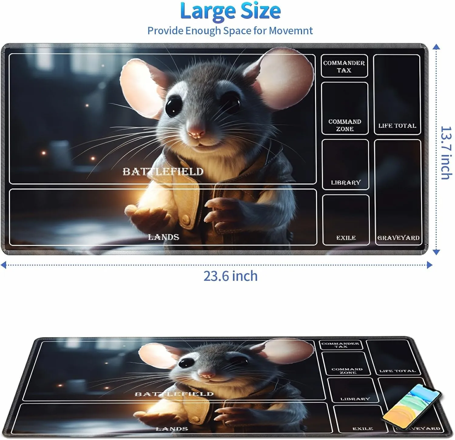 Playmat for MTG with Magic Zones, 24 x 14 inches Game Play Mat for MTG TCG, Trading Card Game Play Mat Desk Mats with Stitched Edges Non-Slip Base, Cute Mouse