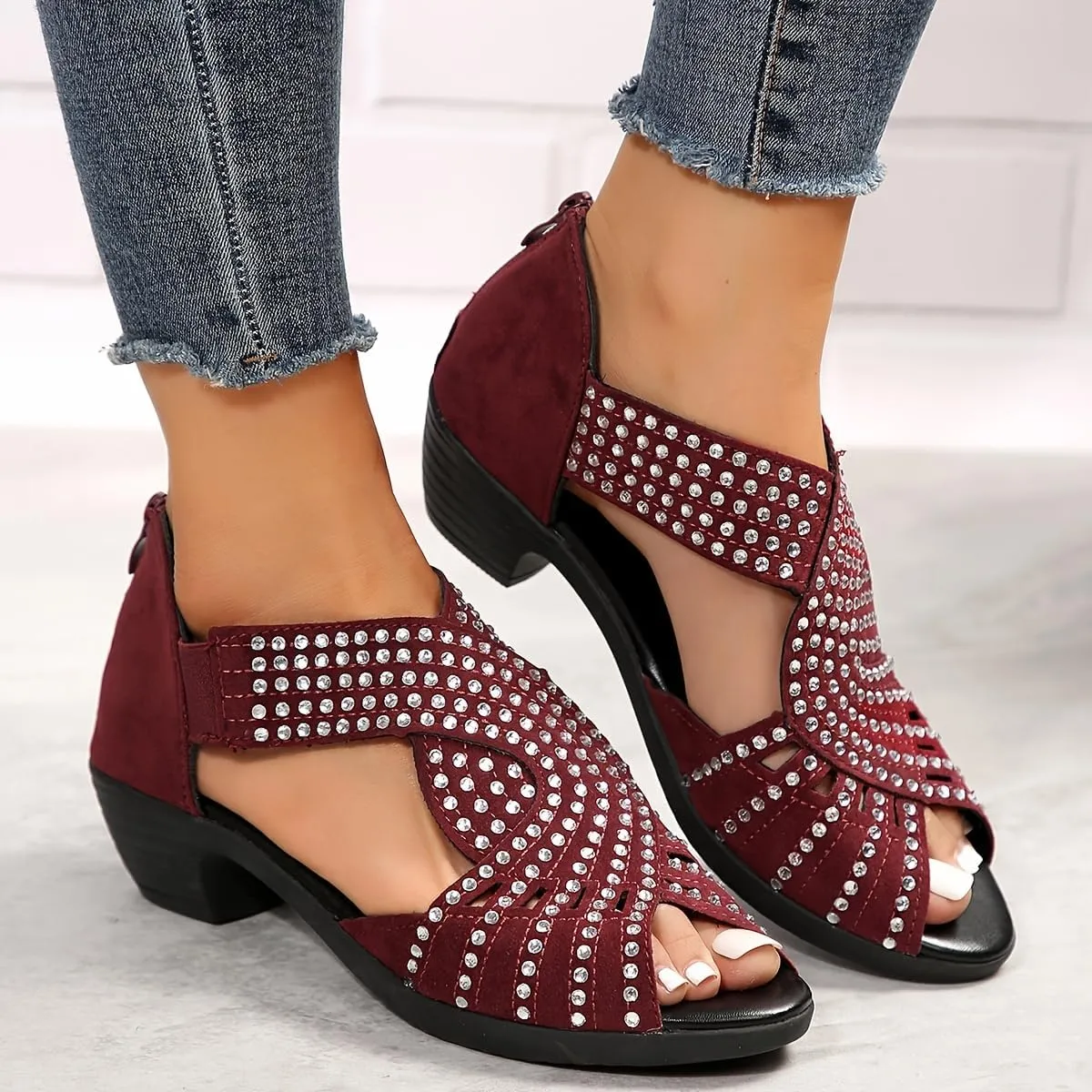 Plus Size Elegant Women's Rhinestone Wedge Sandals - Comfortable Peep Toe with Chunky Heel, Side Cut-Outs & Back Zipper - Perfect for Every Occasion