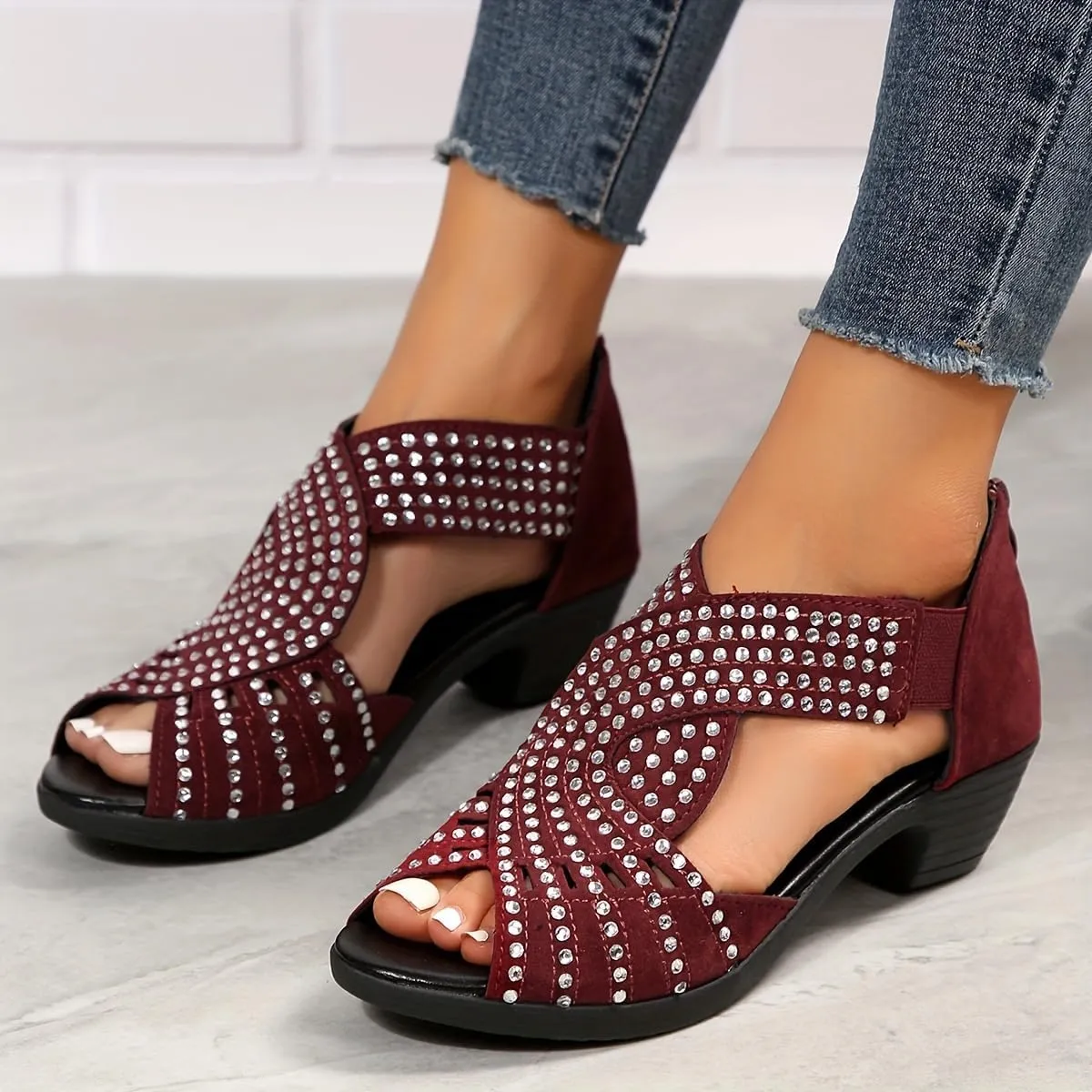 Plus Size Elegant Women's Rhinestone Wedge Sandals - Comfortable Peep Toe with Chunky Heel, Side Cut-Outs & Back Zipper - Perfect for Every Occasion