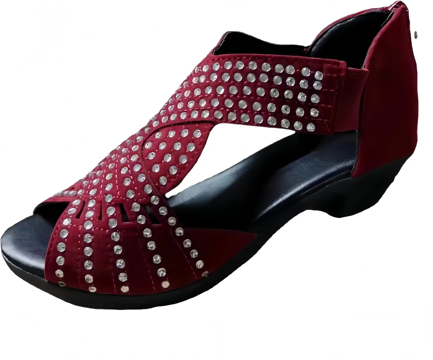 Plus Size Elegant Women's Rhinestone Wedge Sandals - Comfortable Peep Toe with Chunky Heel, Side Cut-Outs & Back Zipper - Perfect for Every Occasion