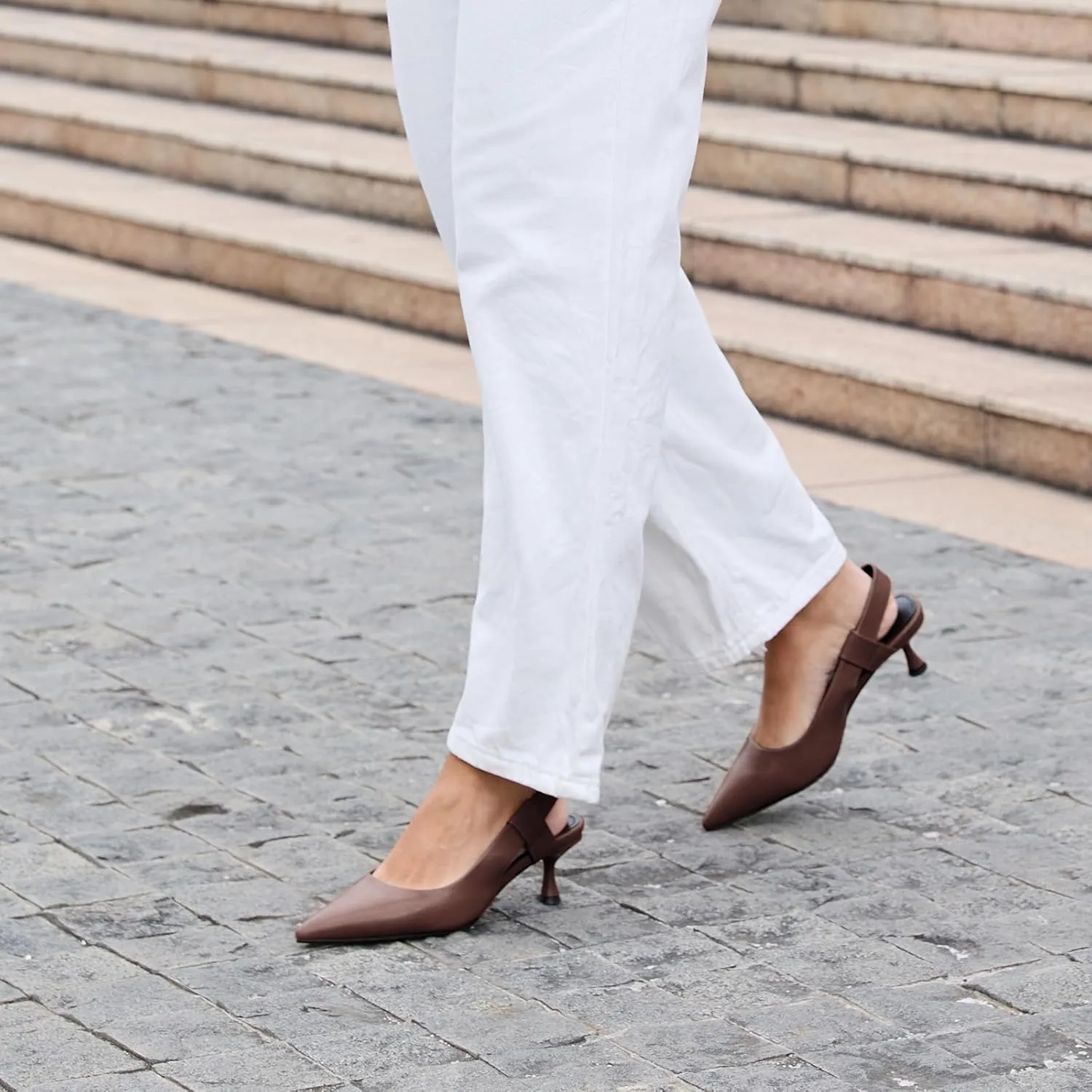Pointed Toe Slingback Kitten Heels for Women, Leather Stiletto Heel Pumps with Elastic Strap Elegant Bridal Heel Dating Party Work Office Backless Pumps Shoes