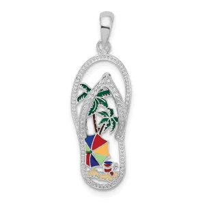 Polished Enameled Beach Scene Flip-flop Charm Pendant in Real 925 Sterling Silver