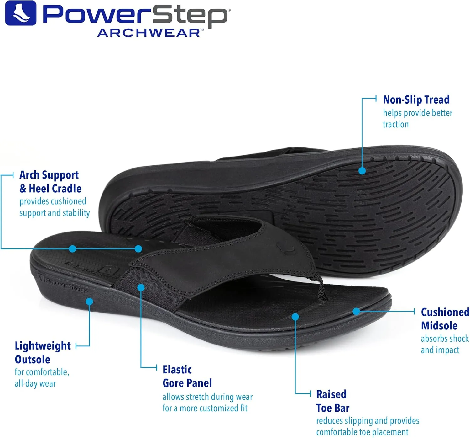 PowerStep Men's Arch Support Orthotic Flip Flop Sandals with Shock Absorbing Sole, Lightweight Non-Slip Tread, Brown, 12