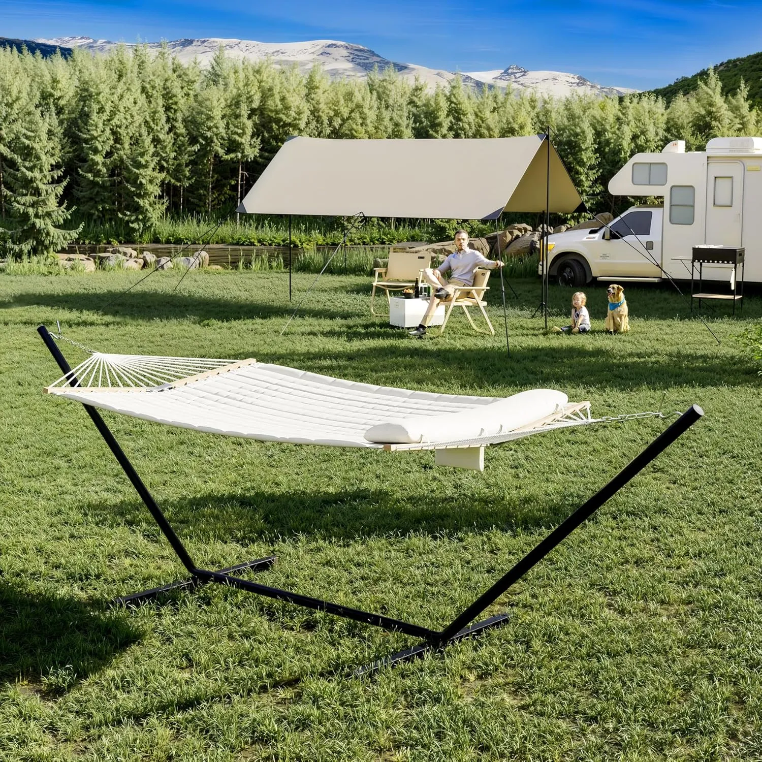 Premium 2-Person Hammock Set with Quick-Lock Steel Stand – Commercial-Grade Outdoor Lounger for Patio, Camping & Backyard (500lb Capacity   Waterproof Carry Bag),Gray (Concave)