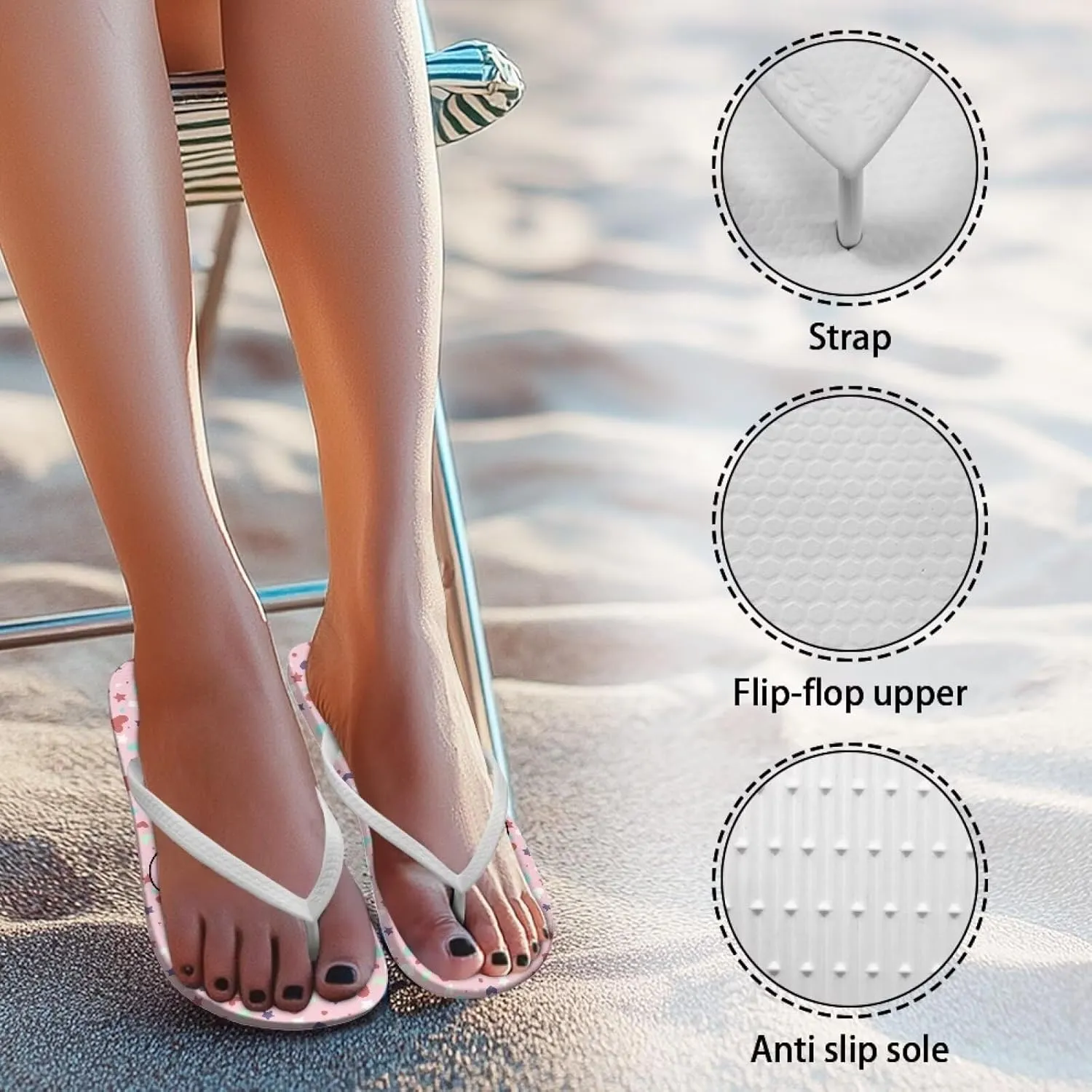 Print Thong Flip Flops for Women Comfortable Yoga Mat Non Slip Shower Shoes Super Lightweight for Summer Beach Vacation White Strap