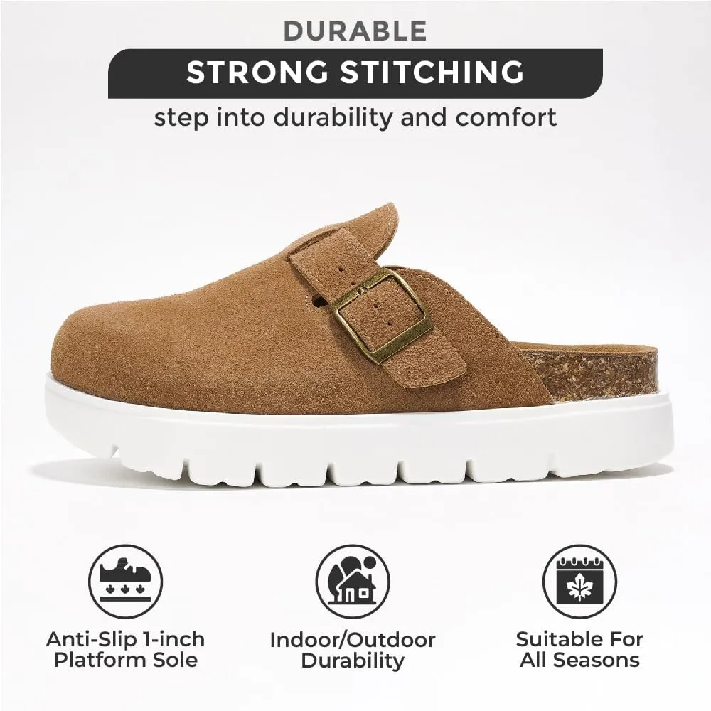 Project Cloud Genuine Leather Platform Clogs for Women Footwear - Memory Foam Arch Support Cork Footbed Casual Shoes & Mules for Women 2025 (Benton Chunky)