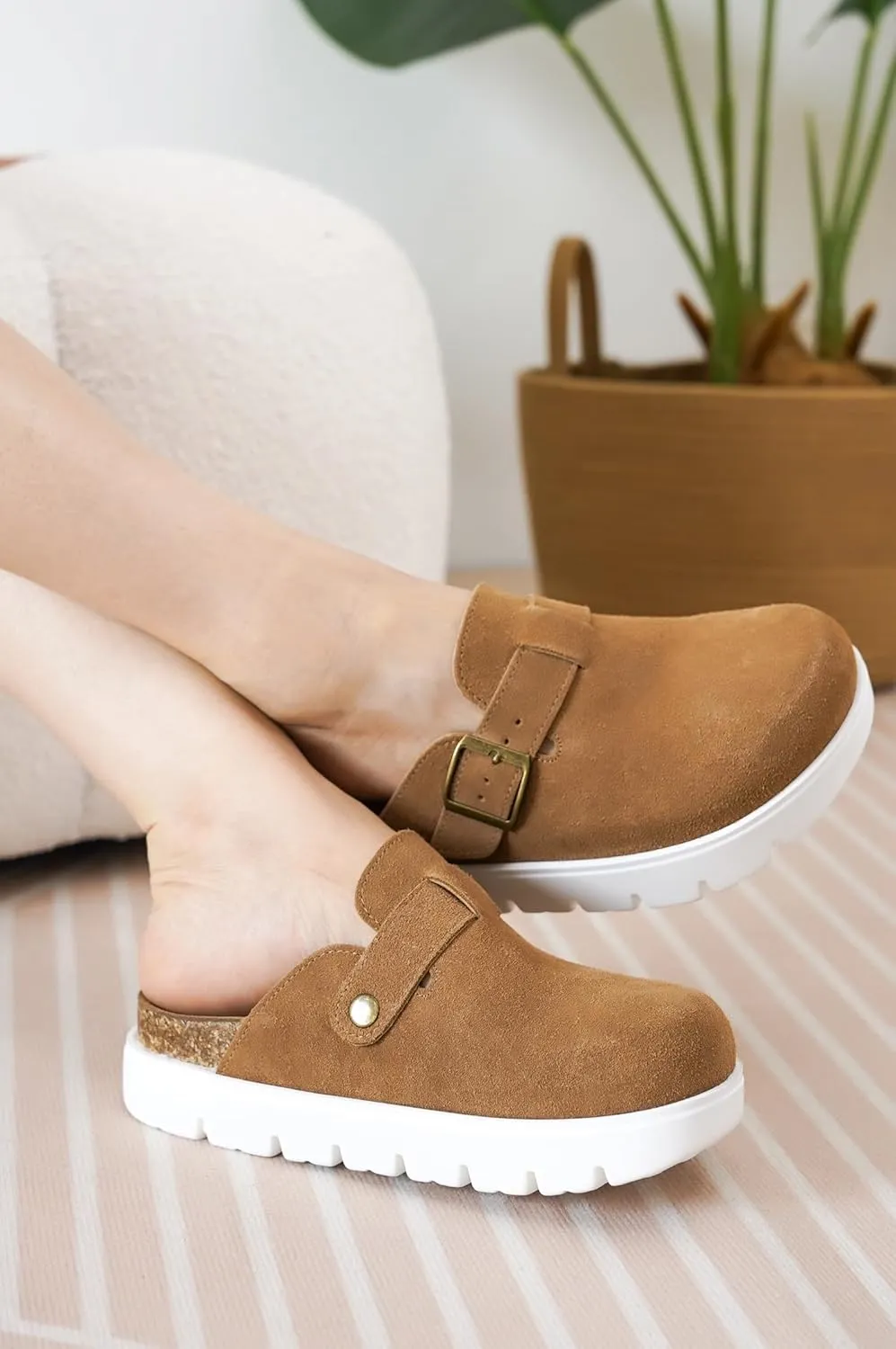 Project Cloud Genuine Leather Platform Clogs for Women Footwear - Memory Foam Arch Support Cork Footbed Casual Shoes & Mules for Women 2025 (Benton Chunky)