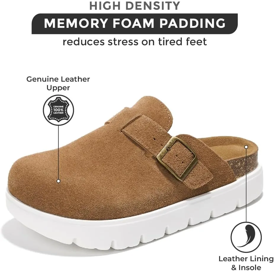 Project Cloud Genuine Leather Platform Clogs for Women Footwear - Memory Foam Arch Support Cork Footbed Casual Shoes & Mules for Women 2025 (Benton Chunky)