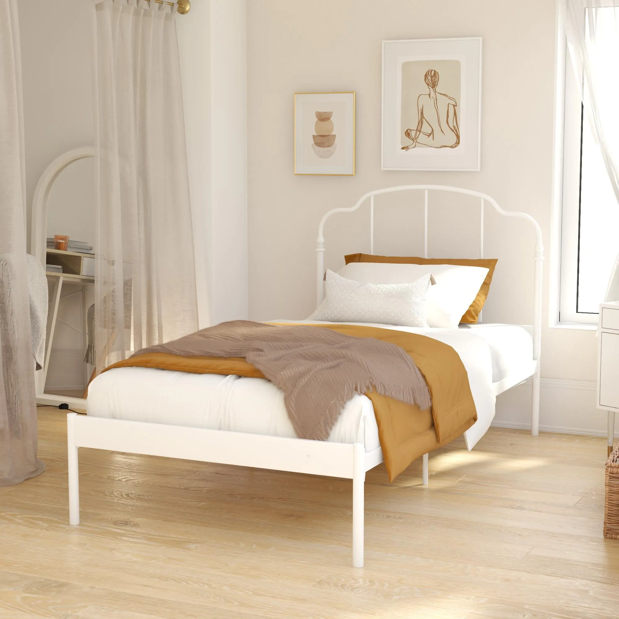RealRooms Camie Metal Bed, Adjustable Base Height, Twin, White