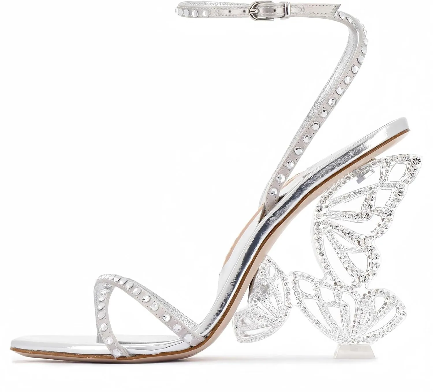 Rhinestone Butterfly Stilletos Heels Sandals for Women, Open Pointed High Heels Sandals Ankle Strap Buckles Elegant Wedding Dress Shoes