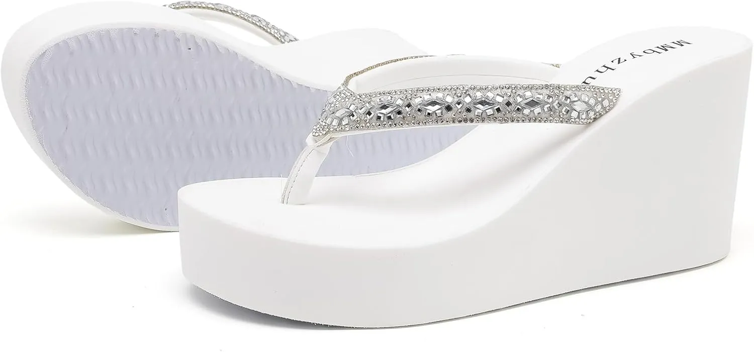 Rhinestone Womens Wedge Sandals for Women Platform Flip Flops Chunky wedge flip flops Heels Sandals Women Wedding Shoes