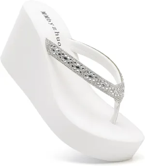 Rhinestone Womens Wedge Sandals for Women Platform Flip Flops Chunky wedge flip flops Heels Sandals Women Wedding Shoes