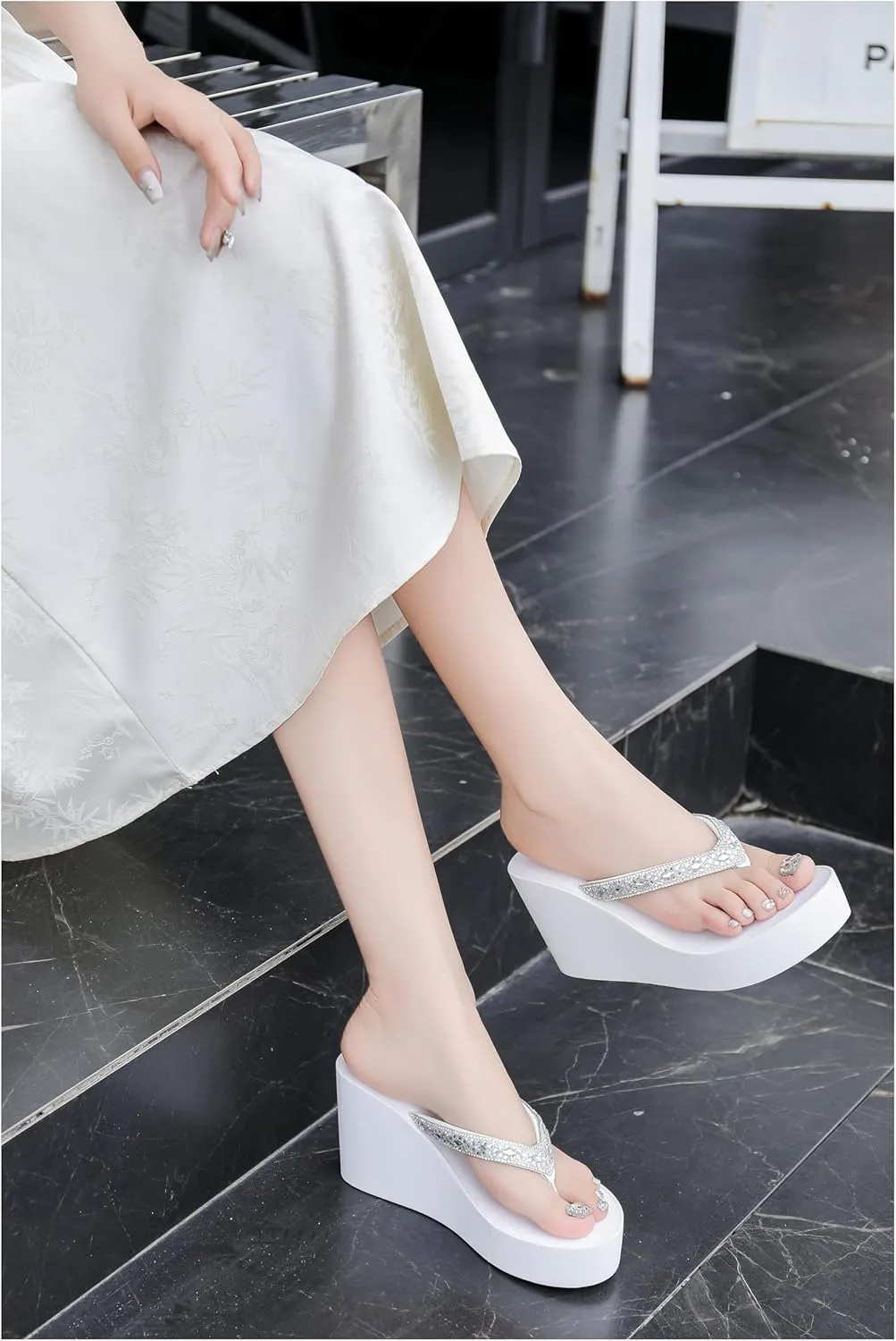 Rhinestone Womens Wedge Sandals for Women Platform Flip Flops Chunky wedge flip flops Heels Sandals Women Wedding Shoes
