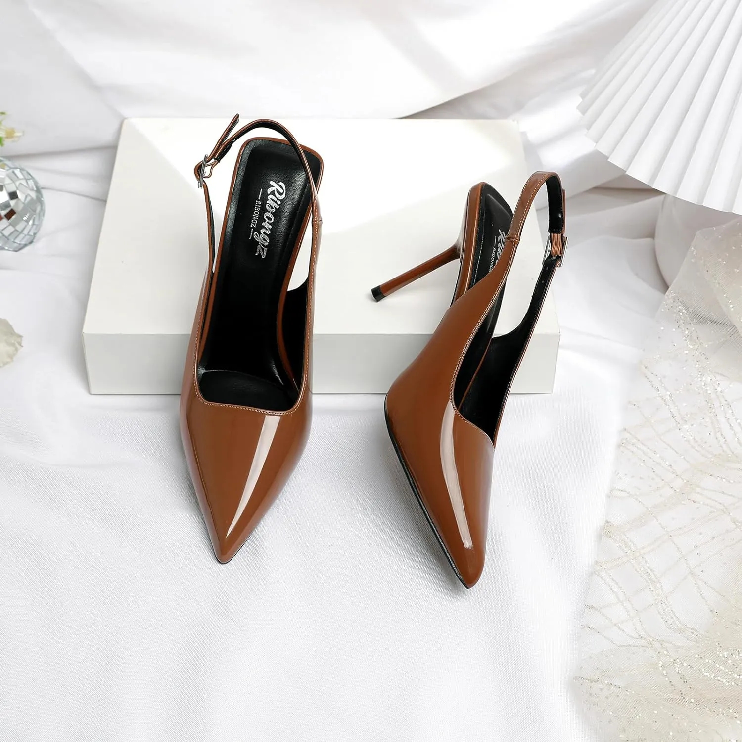 RIBONGZ Sexy Slingback Pumps Elegant Dressy Heels for Women Closed Toe Pointy High Heels Wedding Bride Prom Party Evening Shoes