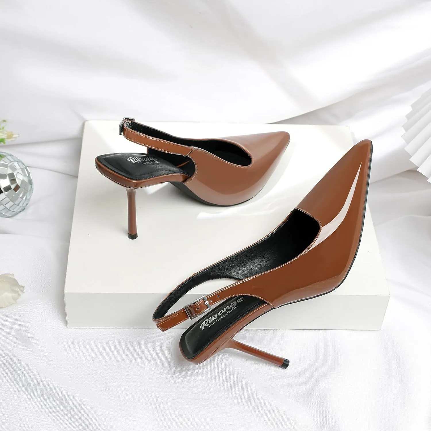 RIBONGZ Sexy Slingback Pumps Elegant Dressy Heels for Women Closed Toe Pointy High Heels Wedding Bride Prom Party Evening Shoes
