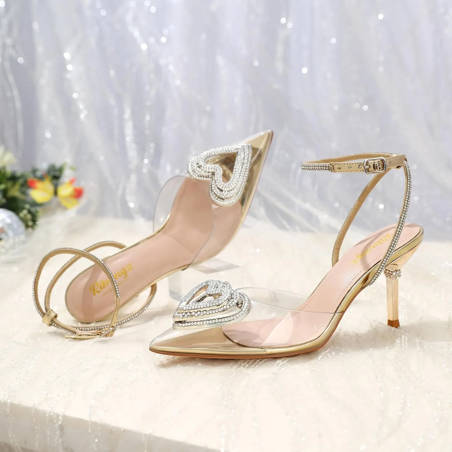 RIBONGZ Women's Wedding Shoes Glitter Sparkly Pointed Toe Strappy High Heels Sexy Ankle Strap Pumps Bridal Party Work Dress Shoes