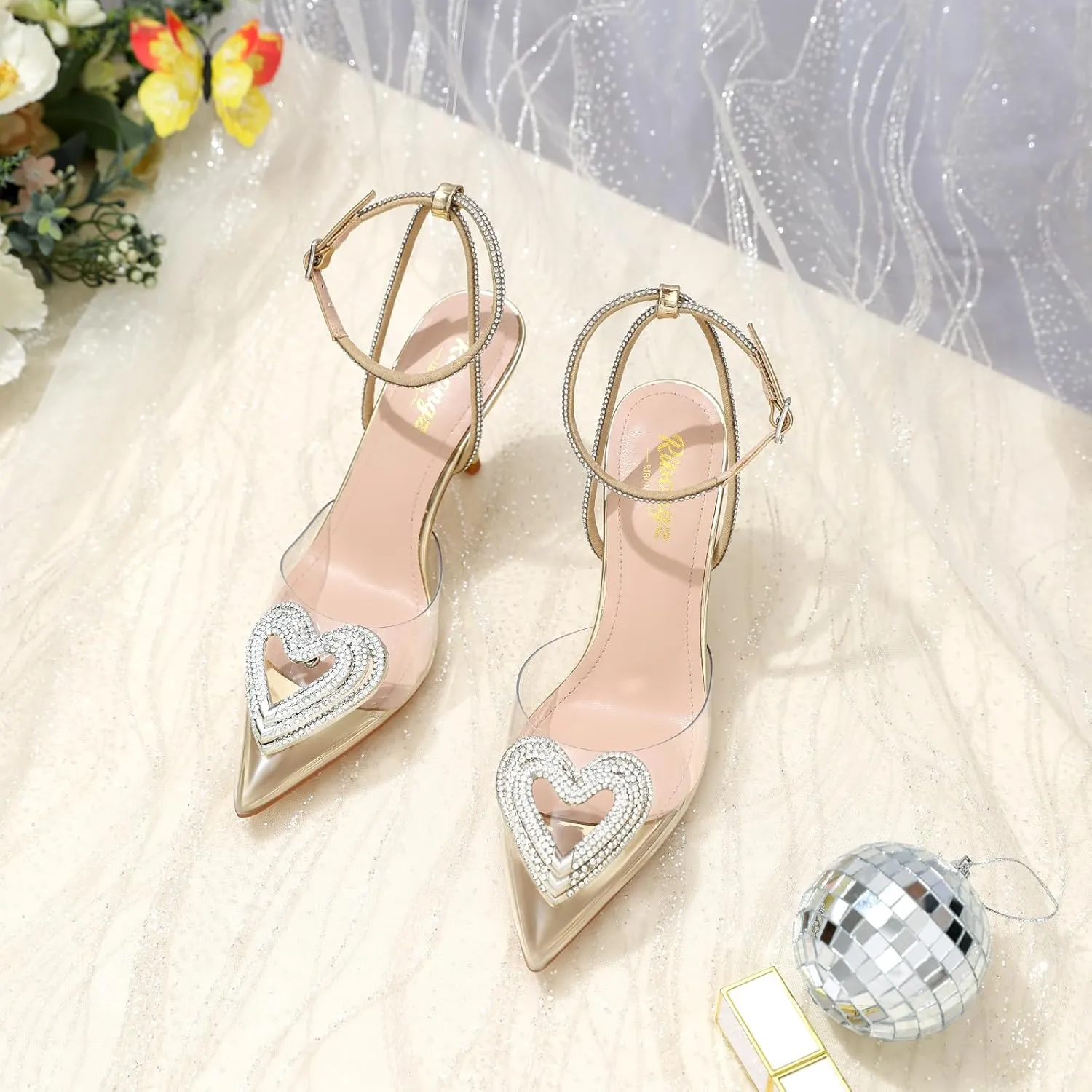 RIBONGZ Women's Wedding Shoes Glitter Sparkly Pointed Toe Strappy High Heels Sexy Ankle Strap Pumps Bridal Party Work Dress Shoes