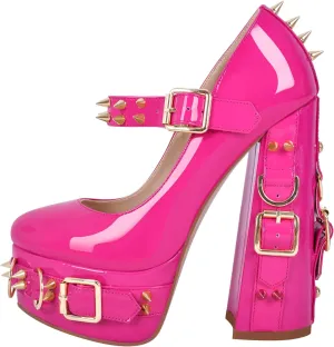 richealnini Women's Mary Jane Platform Pumps with Rivets Sexy Adjustable Ankle Buckle Up Block Heels