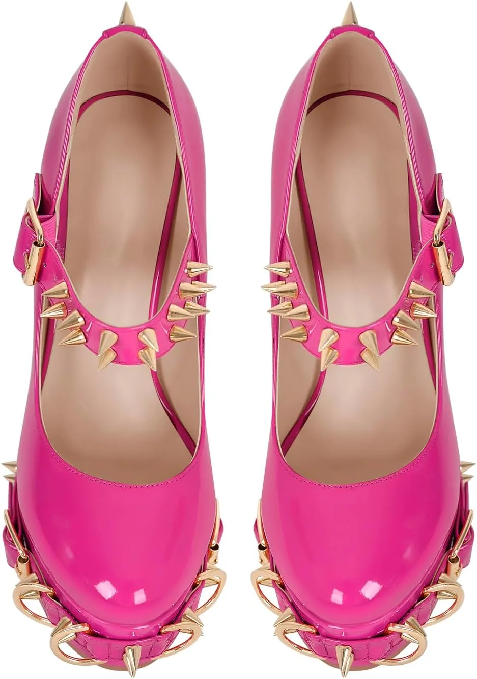 richealnini Women's Mary Jane Platform Pumps with Rivets Sexy Adjustable Ankle Buckle Up Block Heels