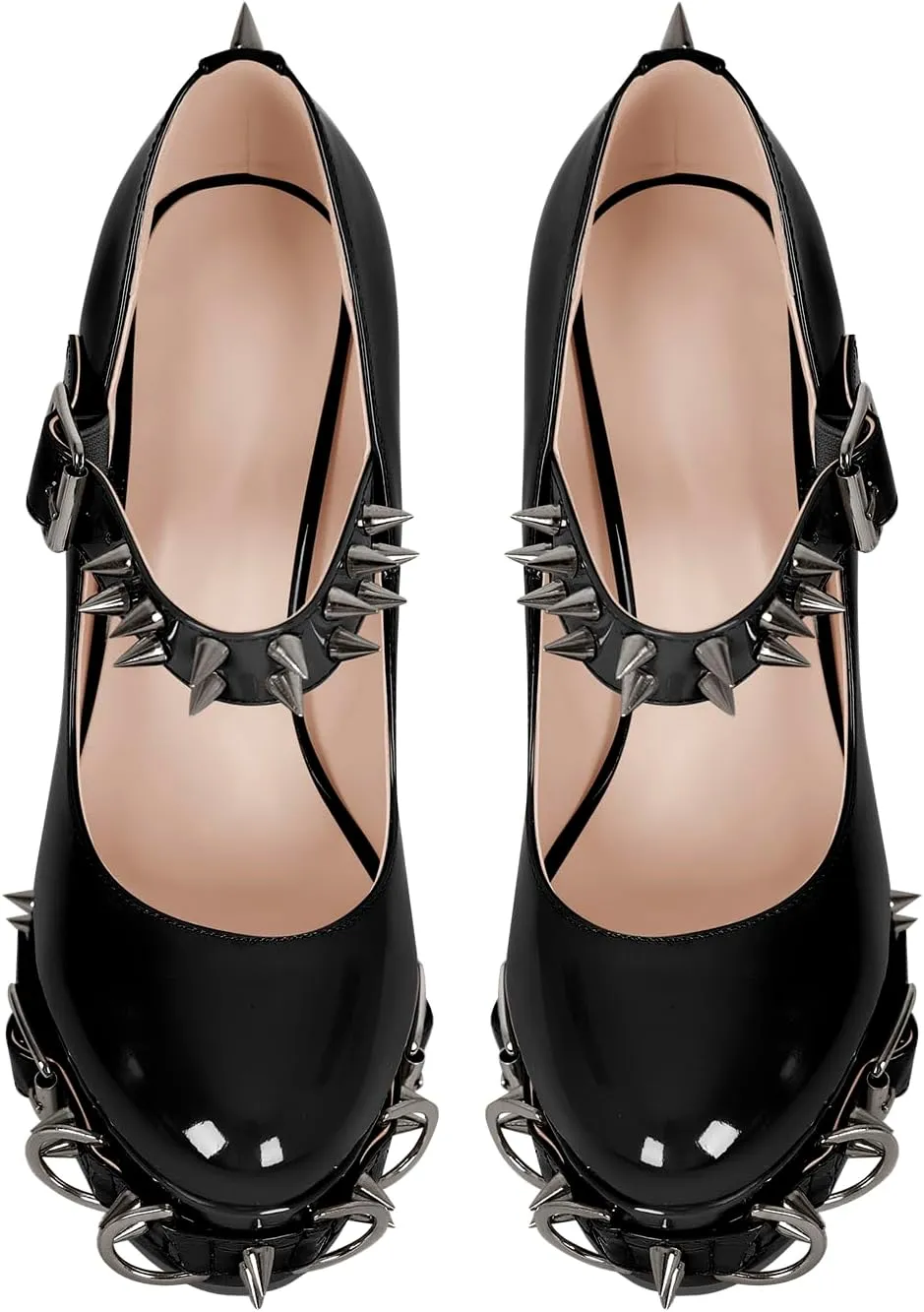 richealnini Women's Mary Jane Platform Pumps with Rivets Sexy Adjustable Ankle Buckle Up Block Heels