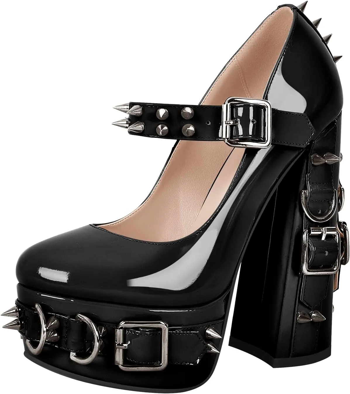 richealnini Women's Mary Jane Platform Pumps with Rivets Sexy Adjustable Ankle Buckle Up Block Heels