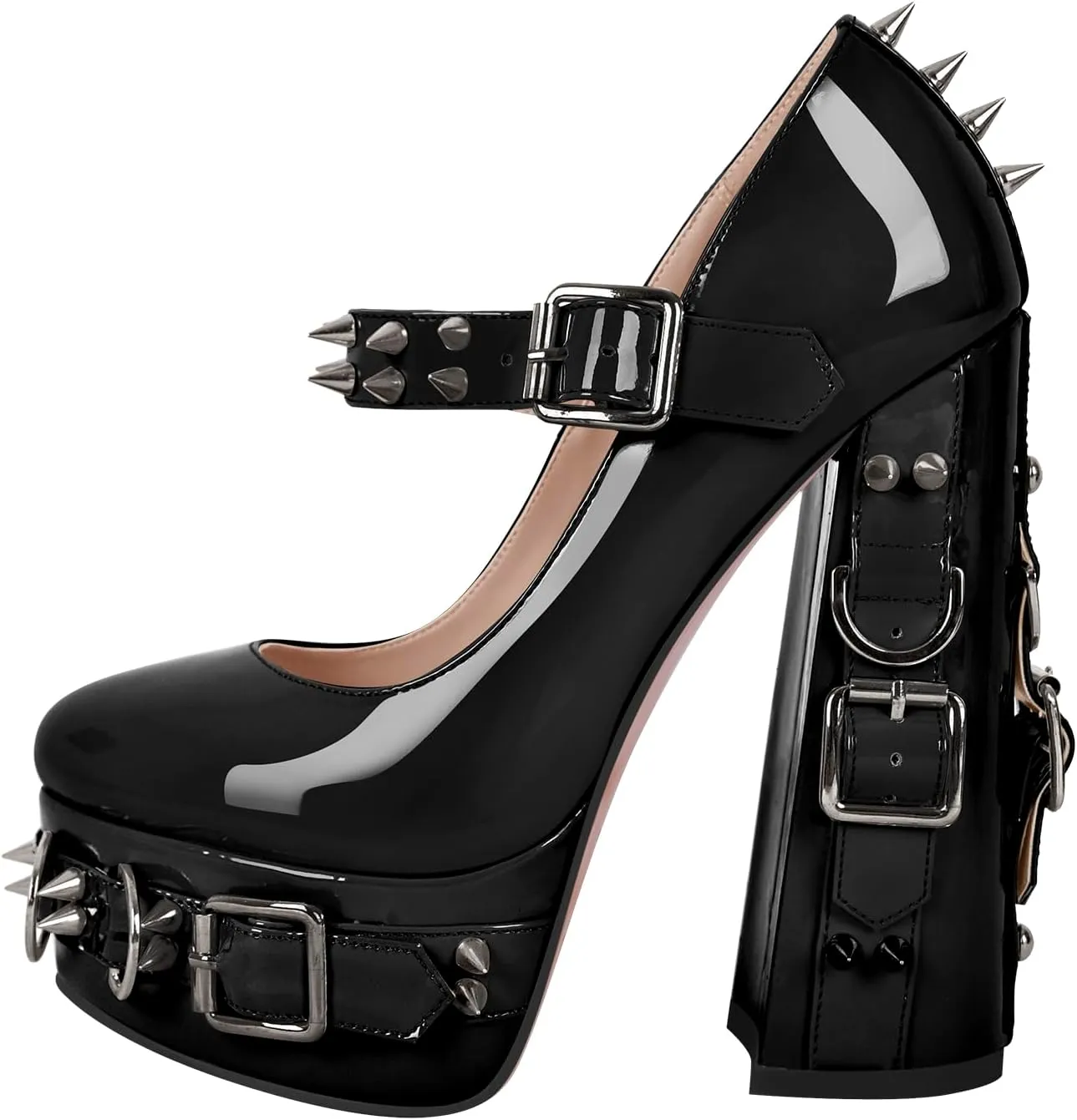 richealnini Women's Mary Jane Platform Pumps with Rivets Sexy Adjustable Ankle Buckle Up Block Heels
