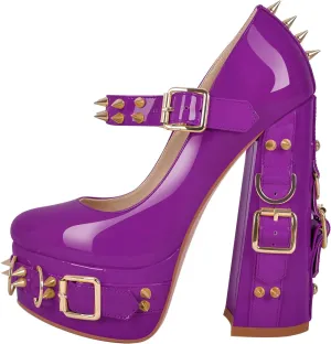 richealnini Women's Mary Jane Platform Pumps with Rivets Sexy Adjustable Ankle Buckle Up Block Heels