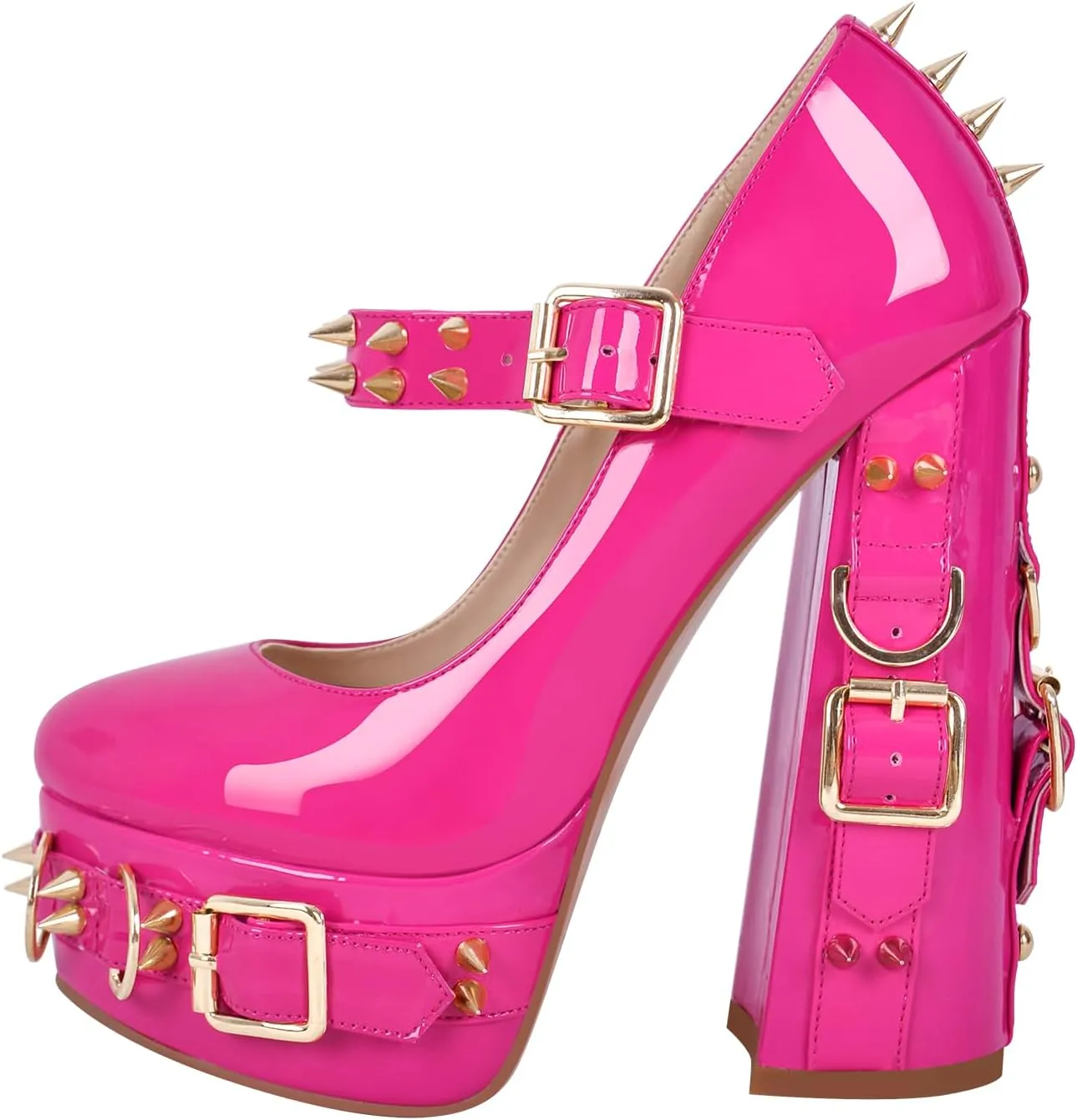 richealnini Women's Mary Jane Platform Pumps with Rivets Sexy Adjustable Ankle Buckle Up Block Heels