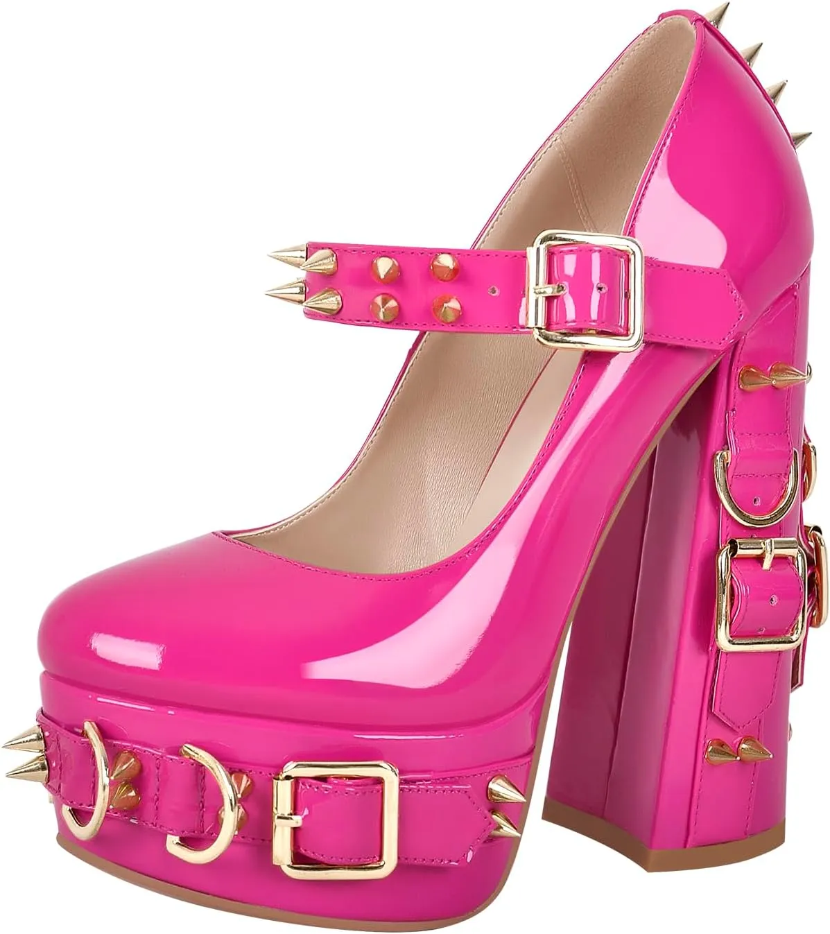 richealnini Women's Mary Jane Platform Pumps with Rivets Sexy Adjustable Ankle Buckle Up Block Heels