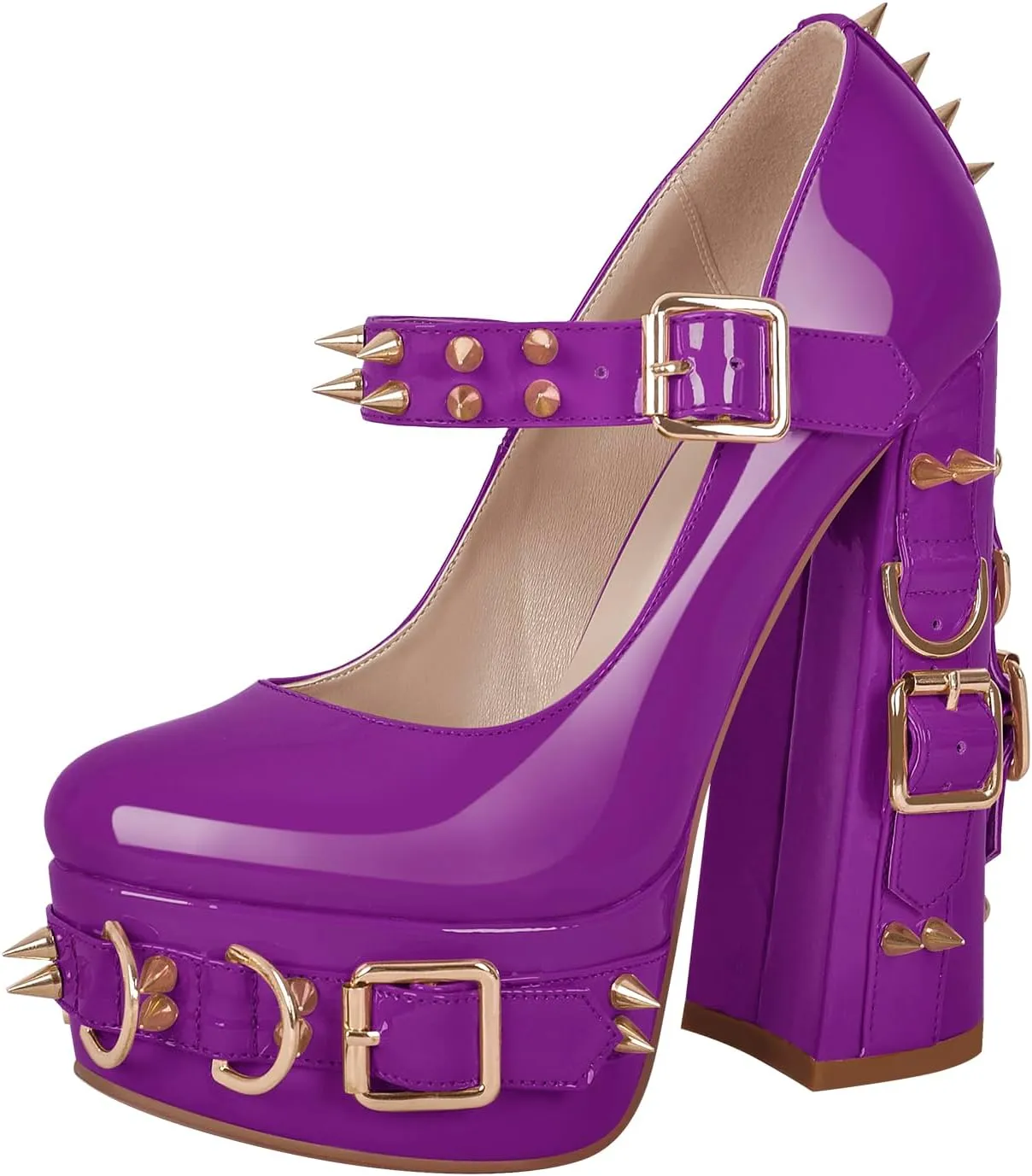 richealnini Women's Mary Jane Platform Pumps with Rivets Sexy Adjustable Ankle Buckle Up Block Heels