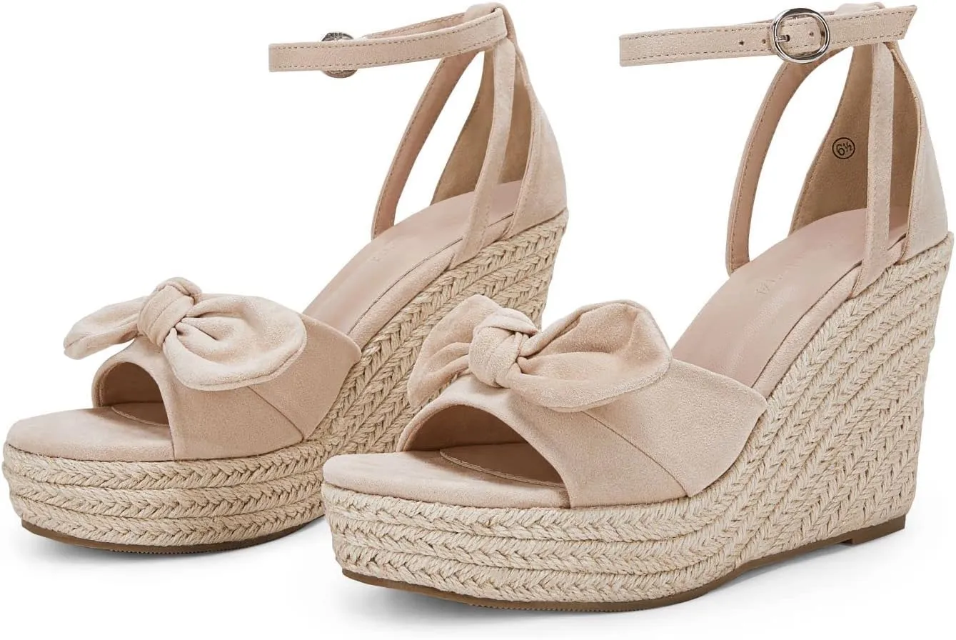 Rilista Womens Wedge Platform Sandals Cute Bowknot Open Toe Espadrille High Heels Buckle Ankle Strap Summer Shoes