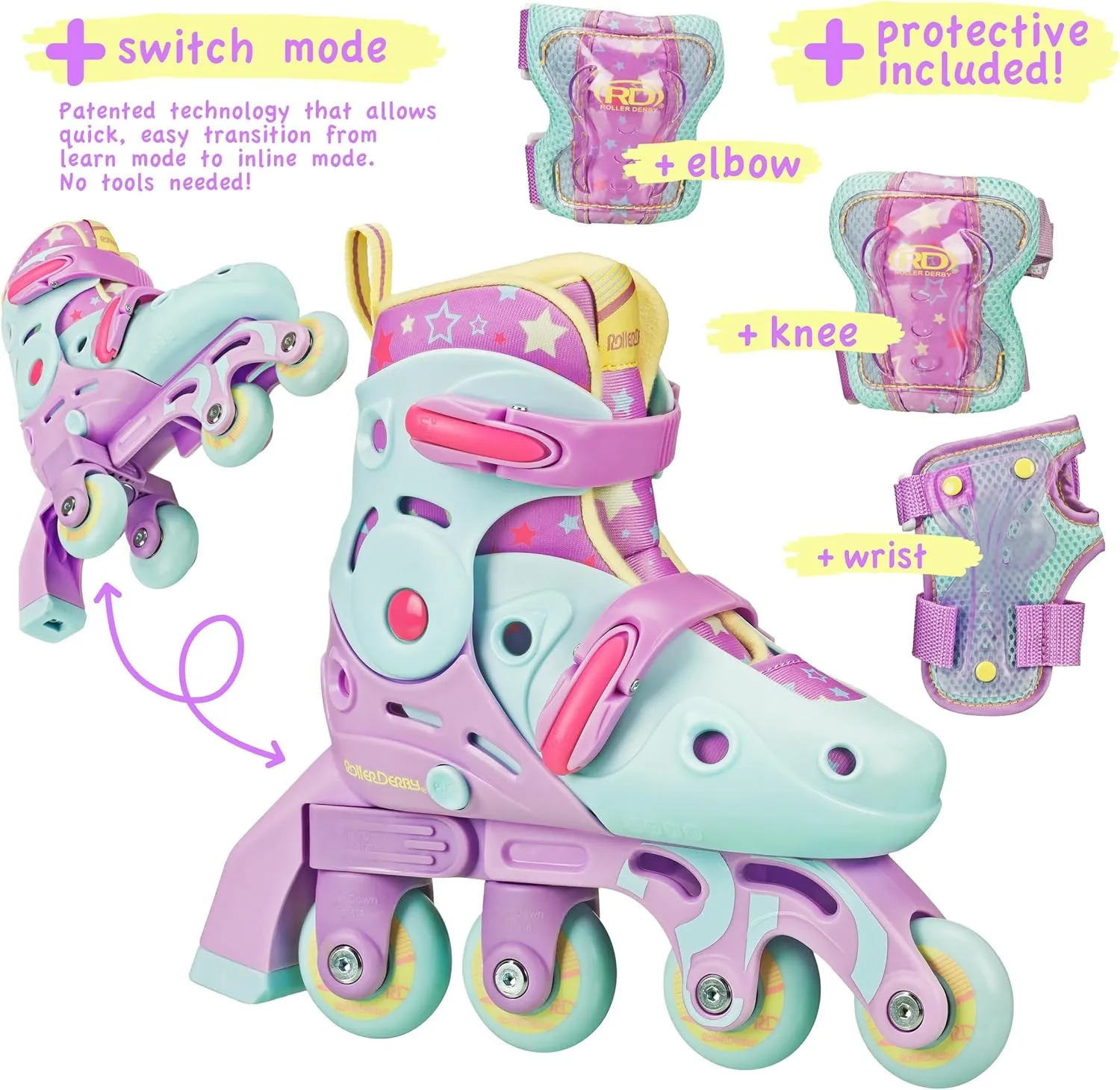 Roller Derby Switch Skates for Beginners, 2 in 1 Adjustable Skates Convert from Learn Mode to Inline Skates for Toddlers, Kids