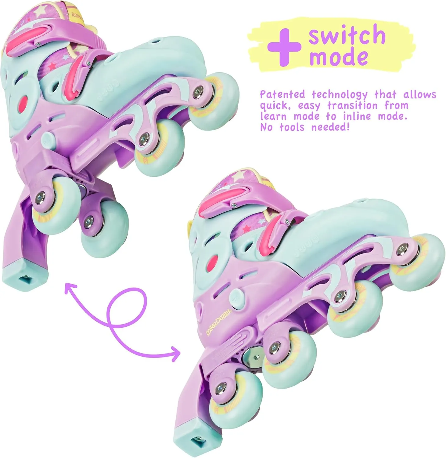 Roller Derby Switch Skates for Beginners, 2 in 1 Adjustable Skates Convert from Learn Mode to Inline Skates for Toddlers, Kids