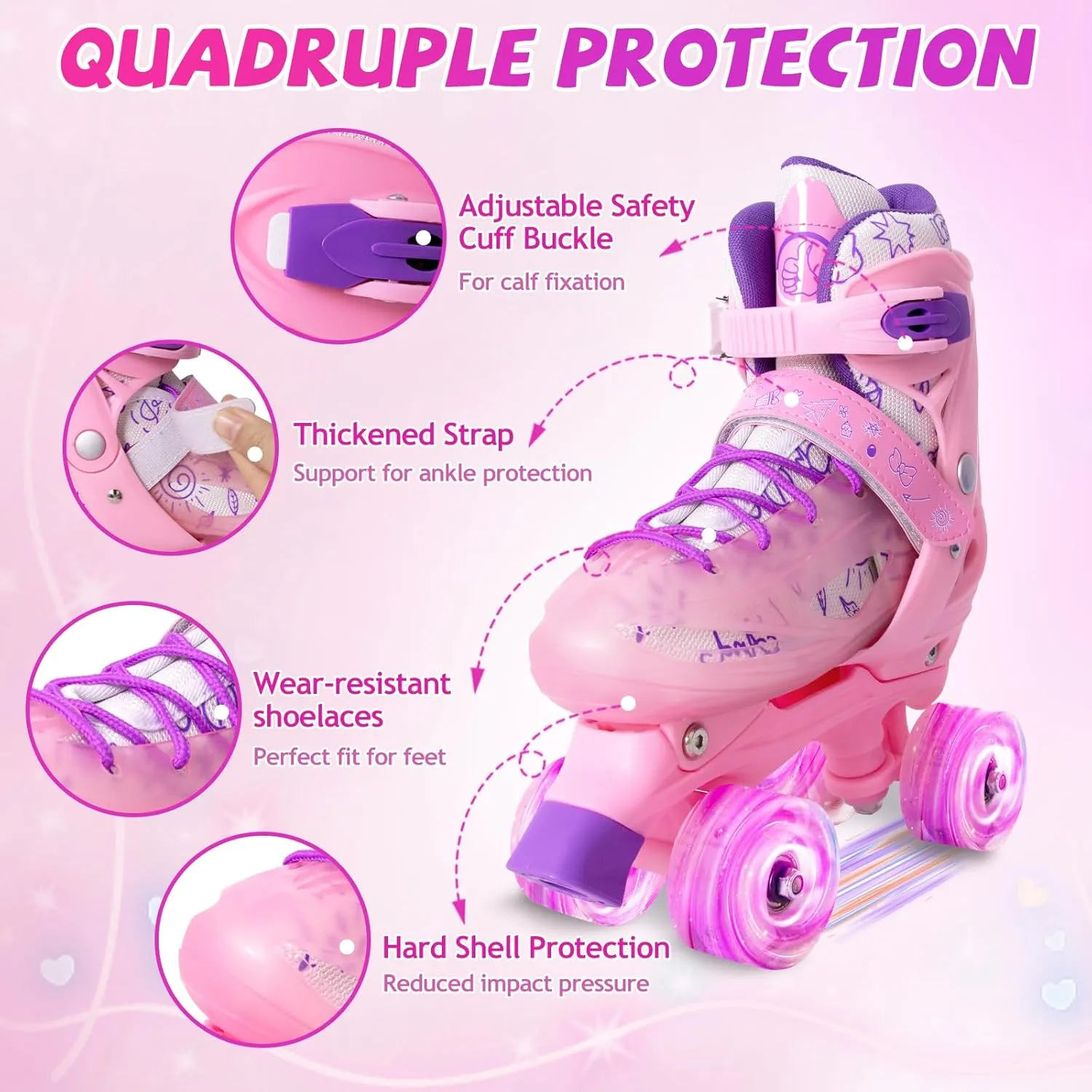 Roller Skates for Girls Age 3-12 | Rainbow Toddler Roller Skates for Kids Ages 3-5 | 4 Size Adjustable | Light Up Quad Roller Skates for Girls Boys Beginners