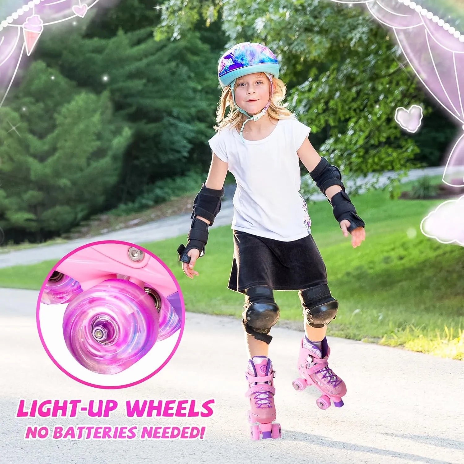 Roller Skates for Girls Age 3-12 | Rainbow Toddler Roller Skates for Kids Ages 3-5 | 4 Size Adjustable | Light Up Quad Roller Skates for Girls Boys Beginners