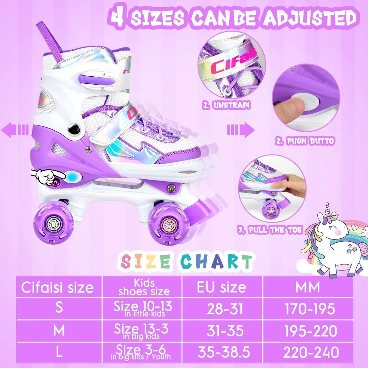 Roller Skates for Girls Boys Kids, Black Pink 4 Sizes Adjustable Kids Roller Skates with Light up Wheels and Shining Upper Design, Roller Skates for Toddler Kids Ages 4-13