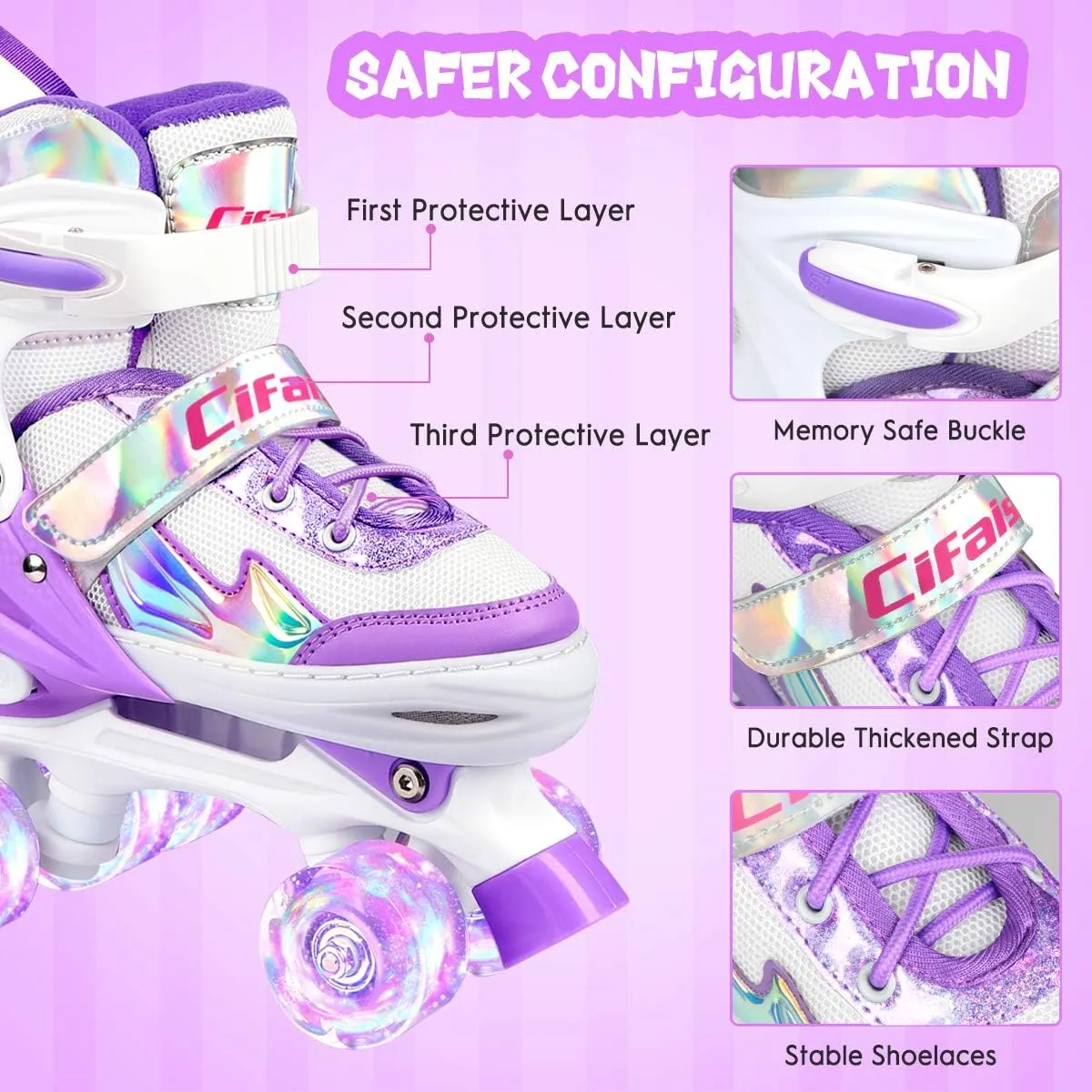 Roller Skates for Girls Boys Kids, Black Pink 4 Sizes Adjustable Kids Roller Skates with Light up Wheels and Shining Upper Design, Roller Skates for Toddler Kids Ages 4-13