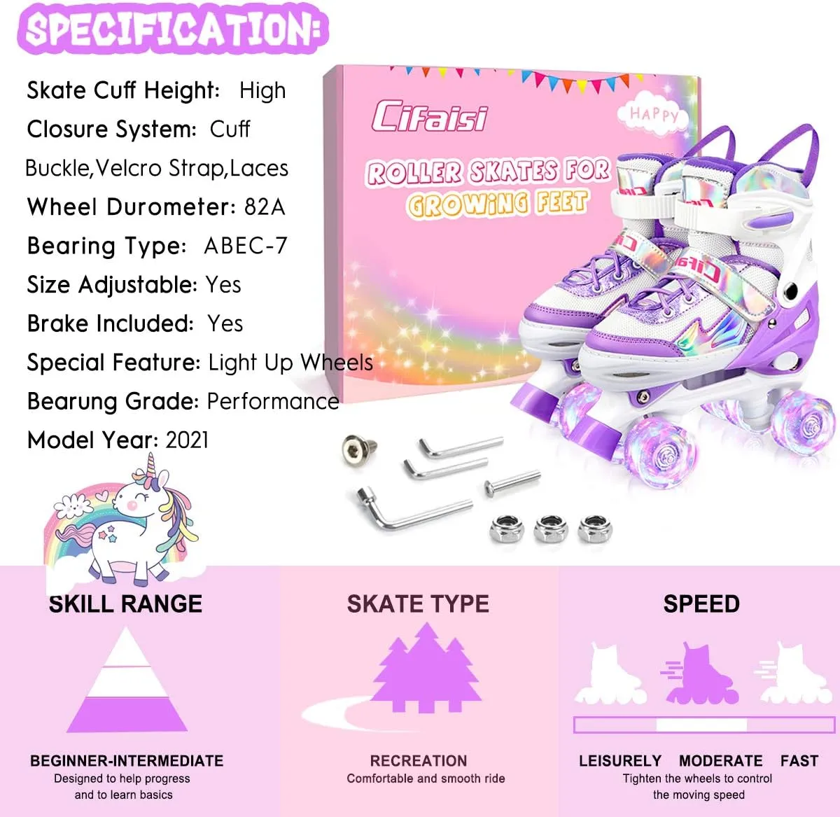Roller Skates for Girls Boys Kids, Black Pink 4 Sizes Adjustable Kids Roller Skates with Light up Wheels and Shining Upper Design, Roller Skates for Toddler Kids Ages 4-13