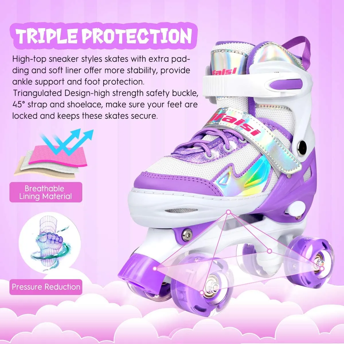 Roller Skates for Girls Boys Kids, Black Pink 4 Sizes Adjustable Kids Roller Skates with Light up Wheels and Shining Upper Design, Roller Skates for Toddler Kids Ages 4-13